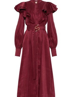 Aje Burgundy Ruffled Midi Shirt Dress with S-shaped Buckle
